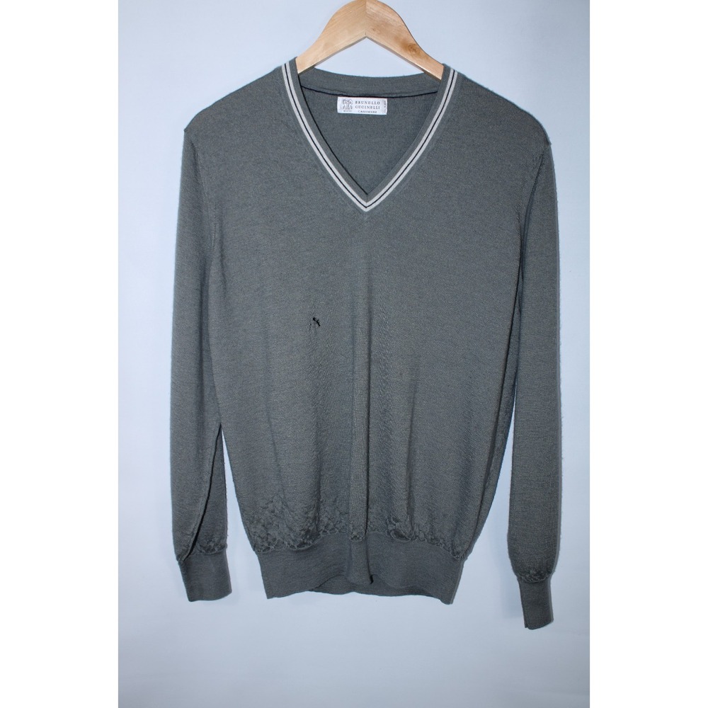 Brunello Cucinelli Men's Size 56 Sage Green Silk Cashmere V-Neck Sweater